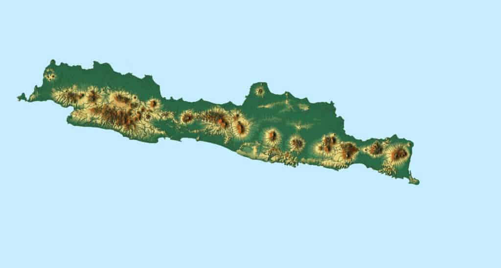 Relief map of Java showing volcano topography