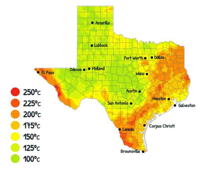 Temperature of Texas geothermal resources at 6.5 kilometers depth. As mapped, much of the State is at or near conventional minimum viable temperatures for geothermal power generation. Source: Adapted from SMU Geothermal Laboratory.