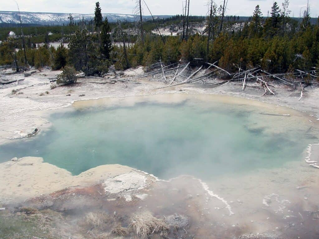 Geothermally heated water reaches the surface at hot springs like this one in Yellowstone National Park.