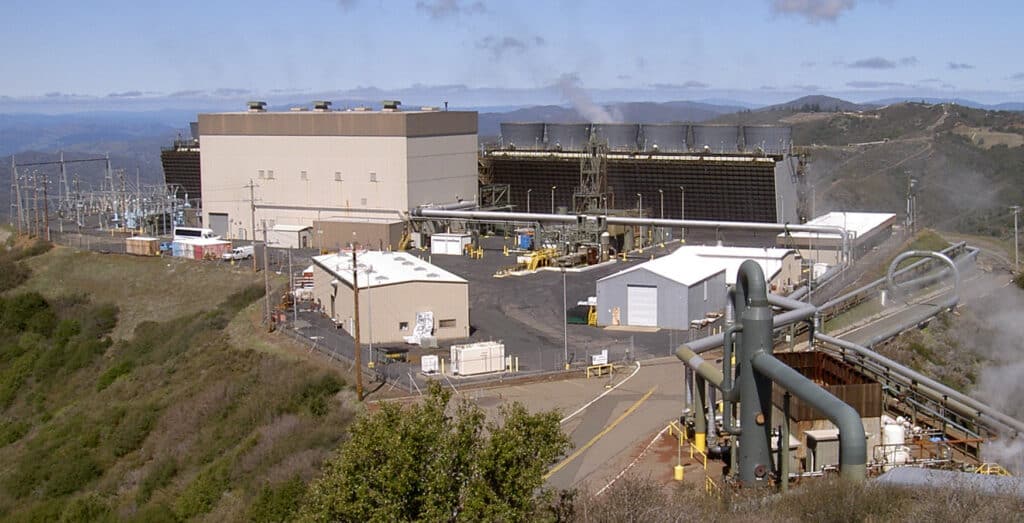 Geothermal power plants like the Sonoma Calpine 3 at The Geysers field in California can provide baseload for electrical grids.